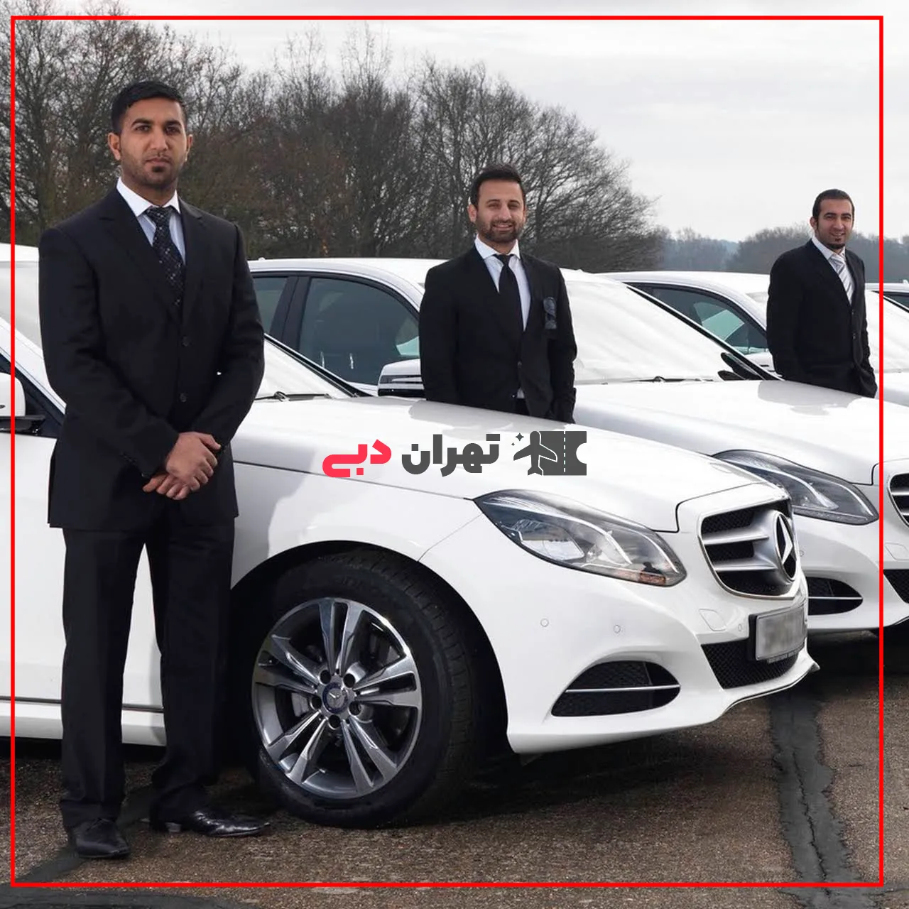 Three Benz and three official drivers standing next to the cars