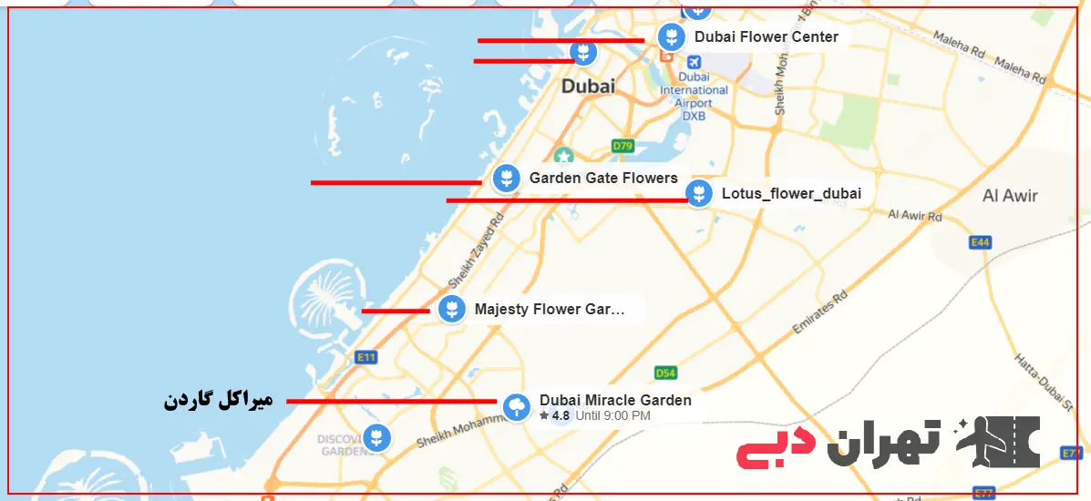 Dubai flower garden and global village on the map- باغ گل و دهکده جهانی